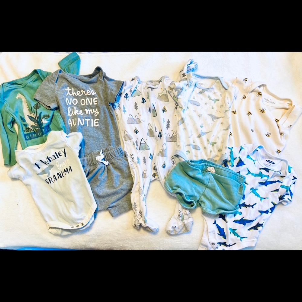 Bundle of 9 Pieces of Baby Clothing: 6 Bodysuits, 1 Footie and 2 Pairs of Shorts